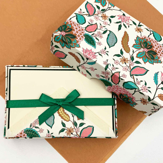 Italian Stationery Folded Card Set ~ 10 Cards + 10 envelopes ~ Rossi Pink and Green Floral Florentine with Gold Highlights