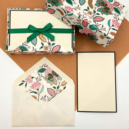 Italian Stationery Folded Card Set ~ 10 Cards + 10 envelopes ~ Rossi Pink and Green Floral Florentine with Gold Highlights