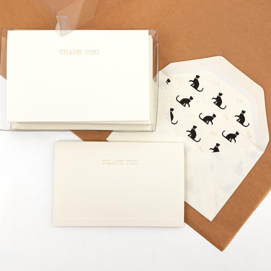 Italian Letterpress Stationery Folded Thank You Card Set ~ 10 Cards + 10 Envelopes ~ Rossi Black Cat + Paw Prints