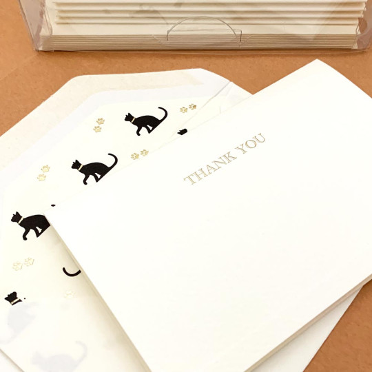 Italian Letterpress Stationery Folded Thank You Card Set ~ 10 Cards + 10 Envelopes ~ Rossi Black Cat + Paw Prints