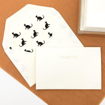Italian Letterpress Stationery Folded Thank You Card Set ~ 10 Cards + 10 Envelopes ~ Rossi Black Cat + Paw Prints