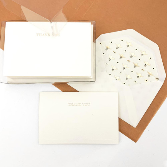 Italian Letterpress Stationery Folded Thank You Card Set ~ 10 Cards + 10 Envelopes ~ Rossi Golden Bees + Flowers