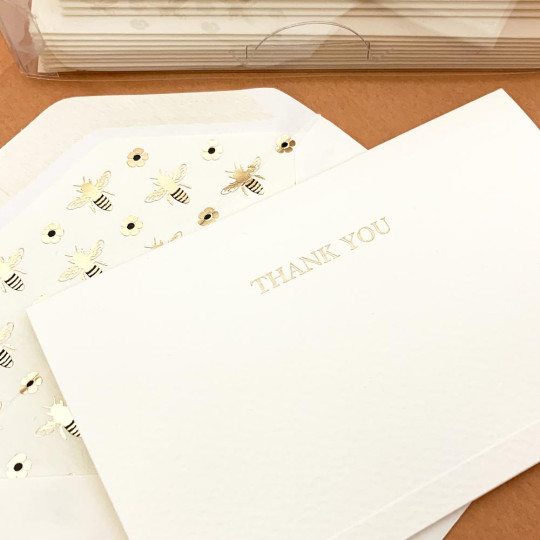Italian Letterpress Stationery Folded Thank You Card Set ~ 10 Cards + 10 Envelopes ~ Rossi Golden Bees + Flowers