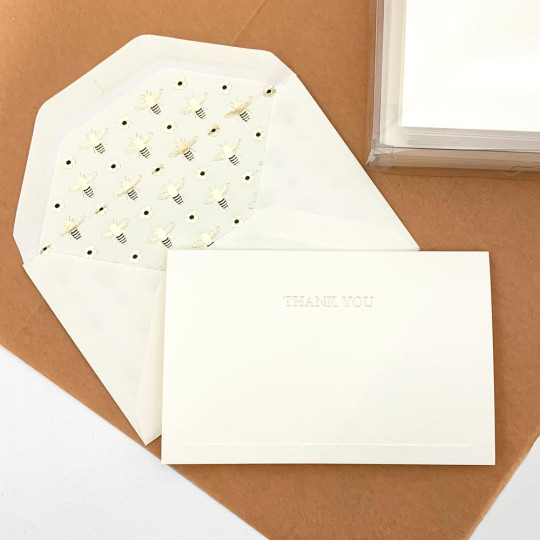 Italian Letterpress Stationery Folded Thank You Card Set ~ 10 Cards + 10 Envelopes ~ Rossi Golden Bees + Flowers