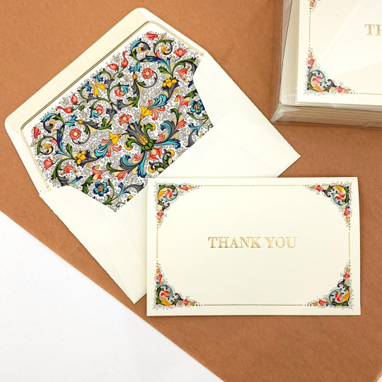 Italian Stationery Folded Thank You Card Set ~ 10 Cards + 10 Envelopes ~ Rossi Florentine Frame