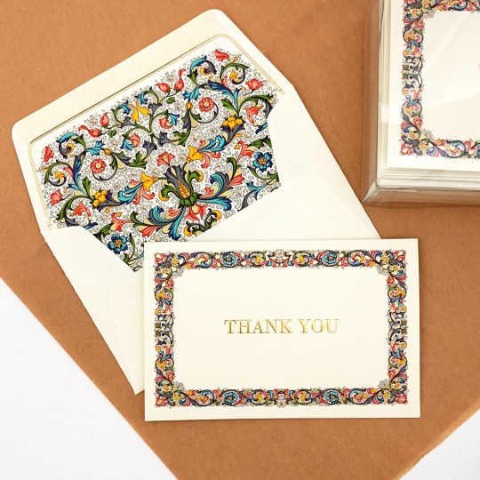 Italian Stationery Folded Thank You Card Set ~ 10 Cards + 10 Envelopes ~ Rossi Florentine Border