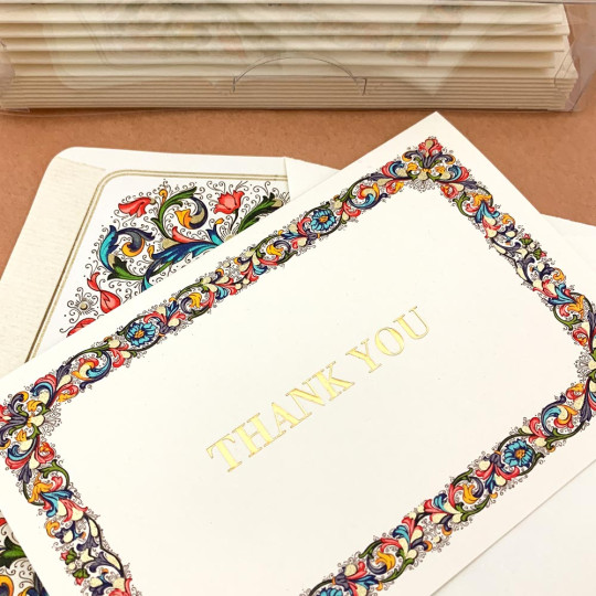 Italian Stationery Folded Thank You Card Set ~ 10 Cards + 10 Envelopes ~ Rossi Florentine Border