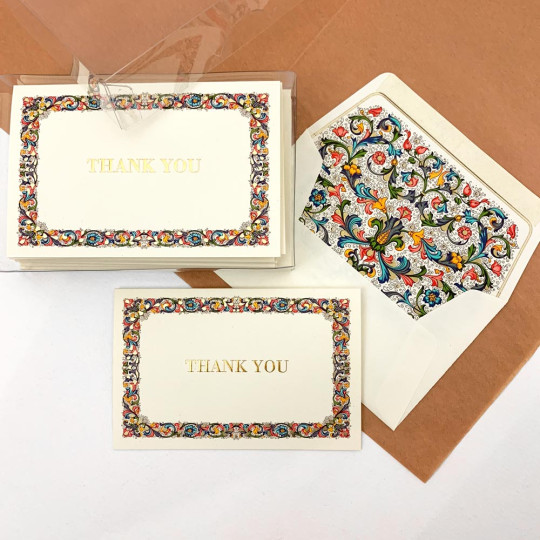 Italian Stationery Folded Thank You Card Set ~ 10 Cards + 10 Envelopes ~ Rossi Florentine Border