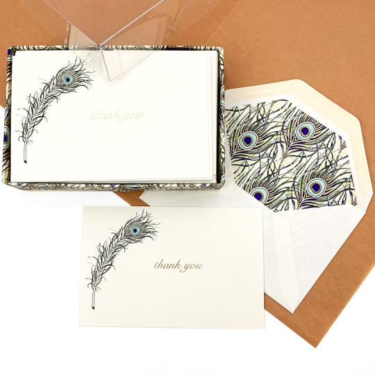 Italian Stationery Flat Thank You Card Set ~ 10 Cards + 10 Envelopes ~ Rossi Blue Peacock