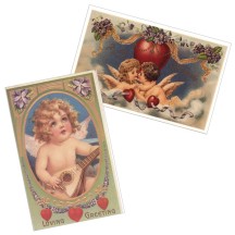 Pair of Cherub Valentine Postcards with Flower Garlands