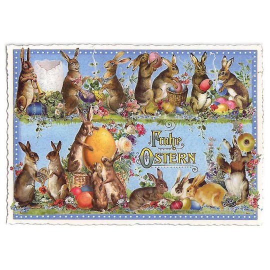 Large Blue Bunnies and Eggs Easter Postcard ~ Germany