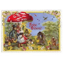 Large Bunnies Under Mushroom Easter Postcard ~ Germany