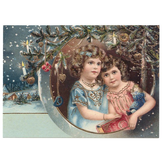 Victorian Girls in Frame XL Embossed Christmas Postcard ~ Germany