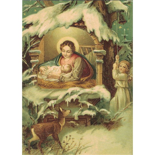 Mary and Jesus with Deer and Angel XL Embossed Christmas Postcard ~ Germany
