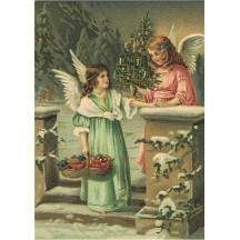Angels with Tree and Fruit Basket XL Embossed Christmas Postcard ~ Germany