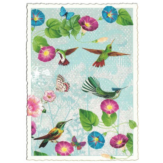 Hummingbirds and Morning Glories Glittered Postcard ~ Germany