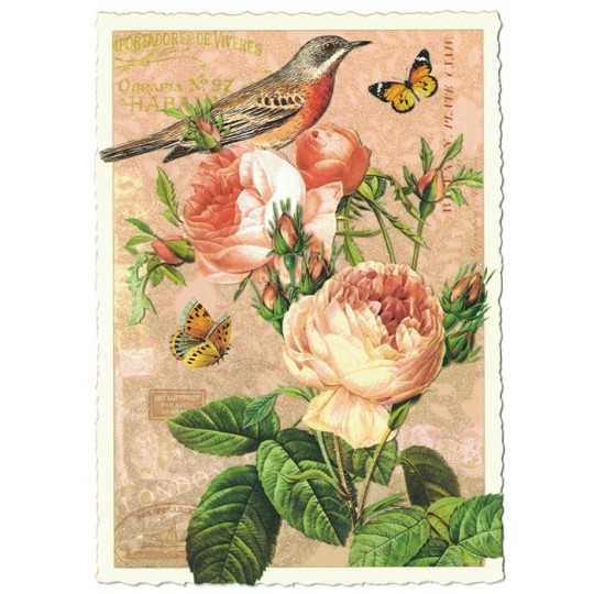 Pale Roses and Bird Collage Large Postcard ~ Germany