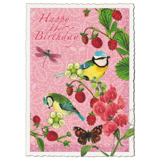 Birds and Berries Happy Birthday Large Postcard ~ Germany