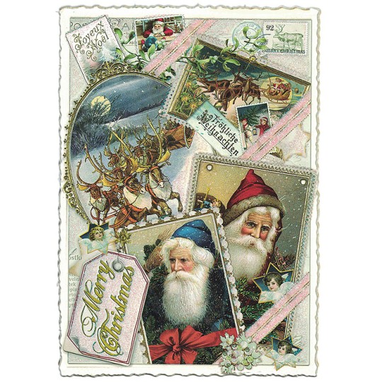 Christmas Santa and Reindeer Collage Large Postcard ~ Germany