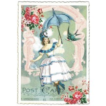 Victorian Girl with Parasol and Bird Collage Postcard ~ Germany
