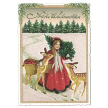 Maiden with Deer Christmas Postcard ~ Germany