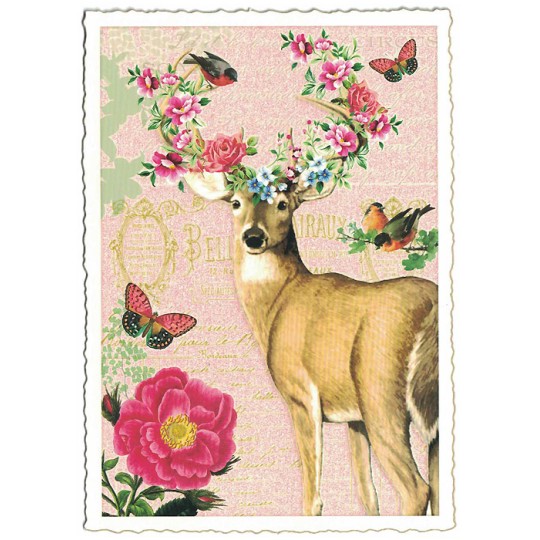 Deer and Flower Glittered Postcard ~ Germany