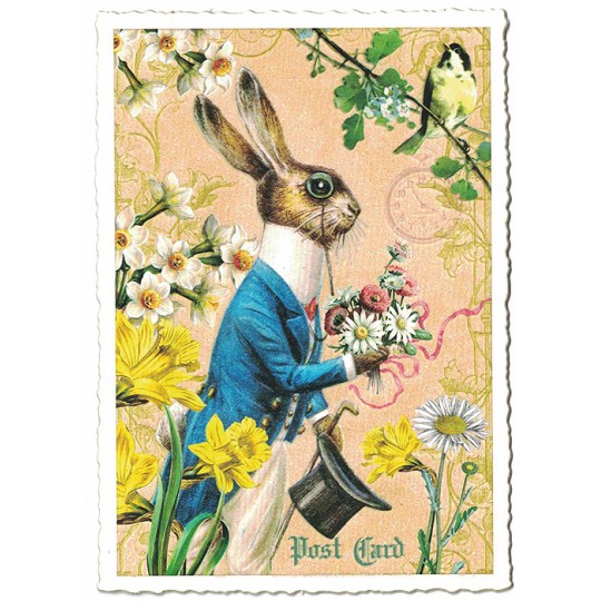 Mr. Bunny and Flowers Easter Postcard ~ Germany