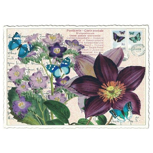 Purple Clematis Glittered Postcard ~ Germany