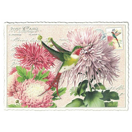 Hummingbird and Chrysanthemums Glittered Postcard ~ Germany