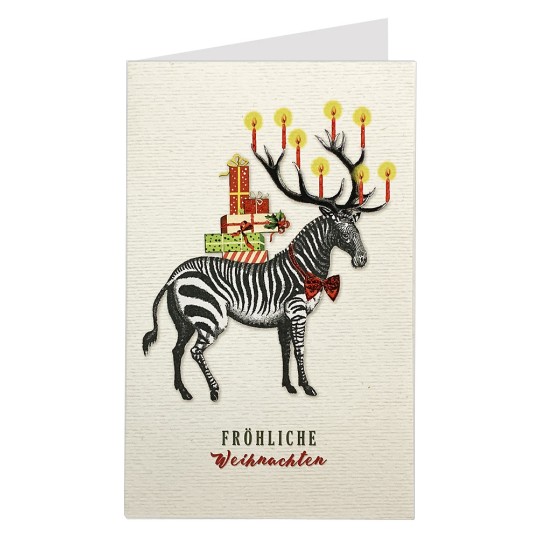 Whimsical Zebra and Gifts Glittered Christmas Card ~ Germany