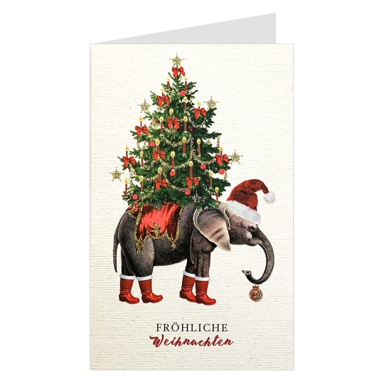 Whimsical Elephant and Christmas Tree Glittered Christmas Card ~ Germany