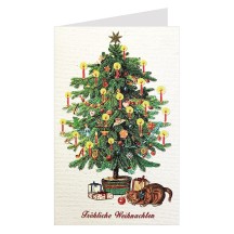 Whimsical Cat and Christmas Tree Glittered Christmas Card ~ Germany