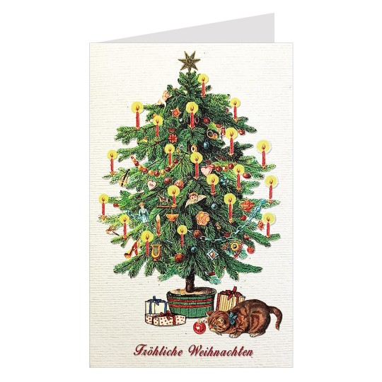 Whimsical Cat and Christmas Tree Glittered Christmas Card ~ Germany
