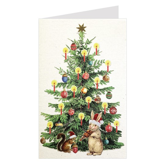 Whimsical Bunny and Christmas Tree Glittered Christmas Card ~ Germany