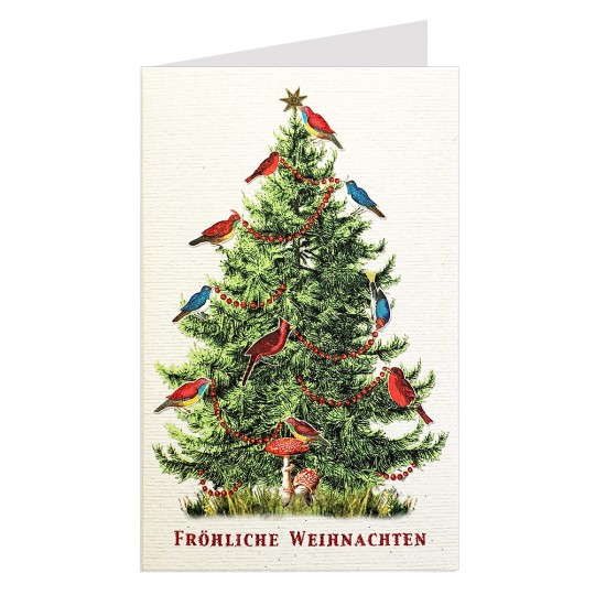 Colorful Birds Christmas Tree Glittered Christmas Card ~ Germany