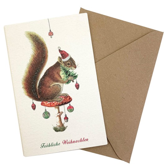 Whimsical Squirrel Glittered Christmas Card ~ Germany