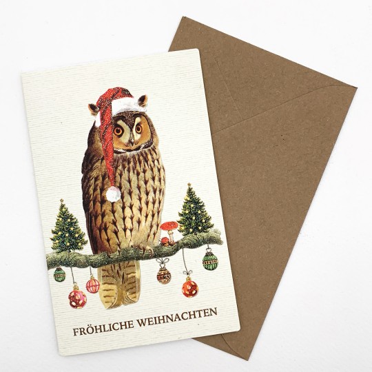 Whimsical Owl Glittered Christmas Card ~ Germany