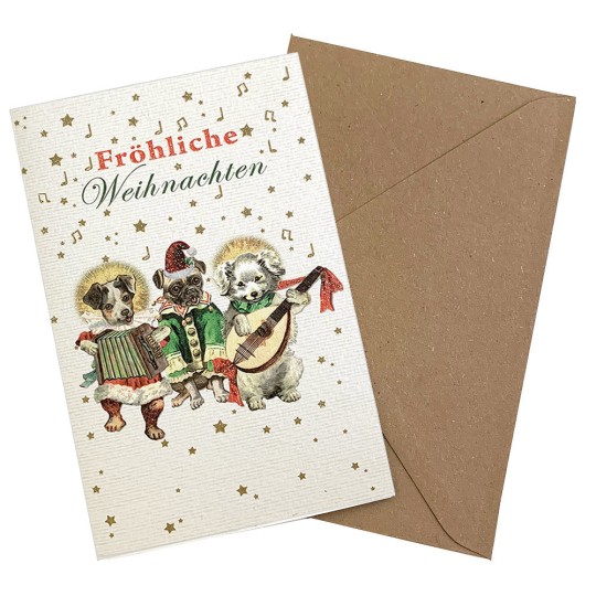 Whimsical Christmas Dog Musicians Glittered Christmas Card ~ Germany