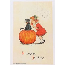 Girl and Her Black Cat Halloween Postcard ~ Holland
