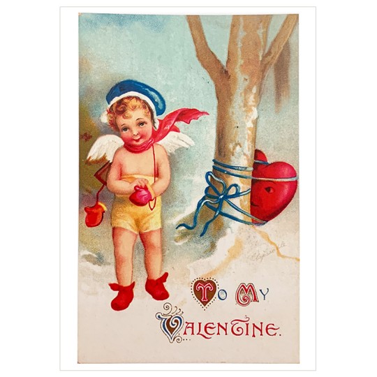 Cupid with Heart Tied to Tree Valentine Postcard ~ Holland