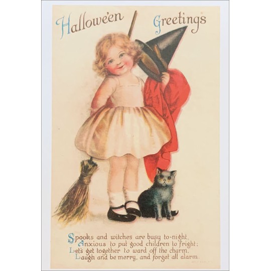 Witch Girl with Black Cat Halloween Postcard ~ Holland