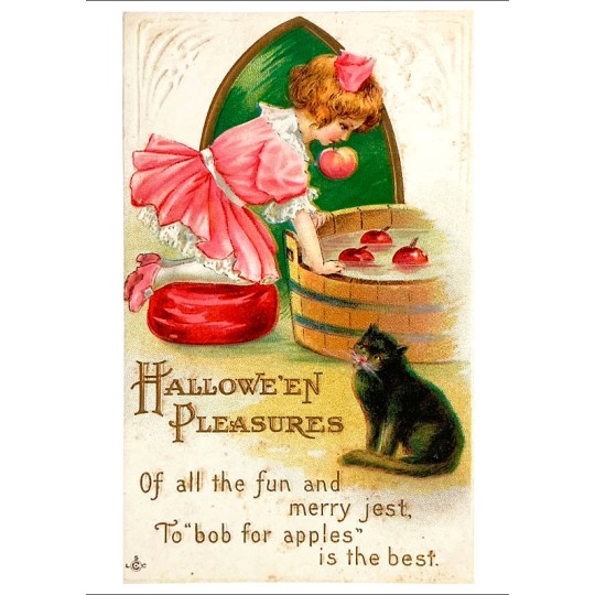 Bobbing for Apples with a Black Cat Halloween Postcard ~ Holland