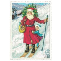 Skiing Santa Christmas Postcard ~ Germany