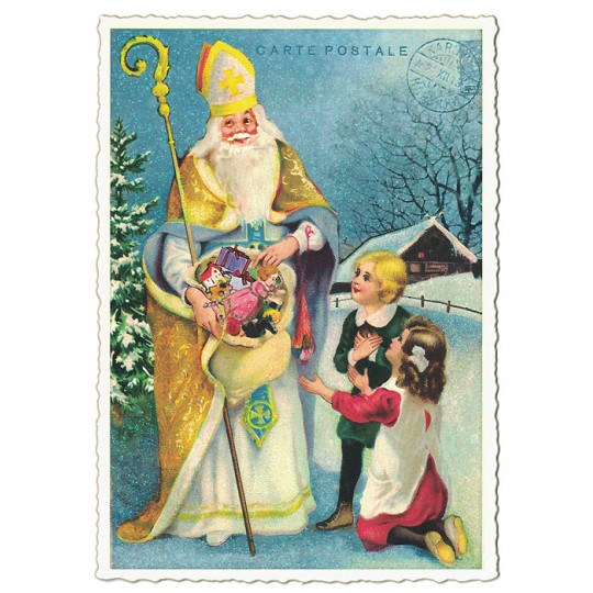 Classic St. Nicholas with Children Christmas Postcard ~ Germany