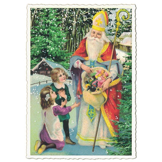 Red Coated St. Nicholas with Children Christmas Postcard ~ Germany