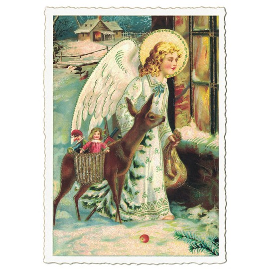 Angel with Deer Christmas Postcard ~ Germany