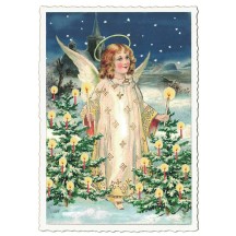 Angel with Candles and Trees Christmas Postcard ~ Germany