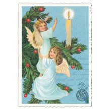 Angels Lighting Tree Candle Christmas Postcard ~ Germany