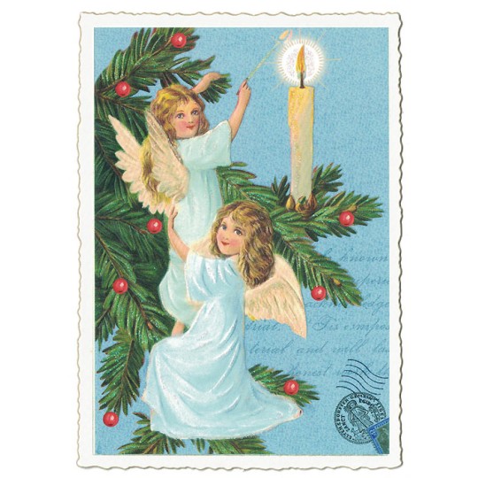 Angels Lighting Tree Candle Christmas Postcard ~ Germany