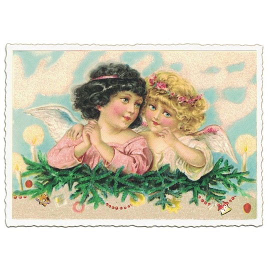 Angels with Greenery Christmas Postcard ~ Germany